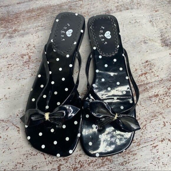 Vintage Y2k 2000s black white polka dot sandals 7.5 square toe - Picture 3 of 9